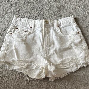 Zara White Distressed High Waist Denim Shorts